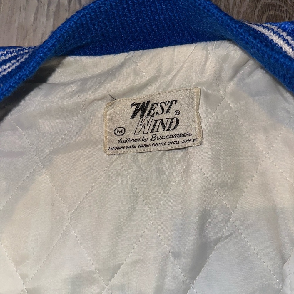 West Wind Vintage Royal Blue Satin Bomber Jacket with White Trim - Picture 3 of 5